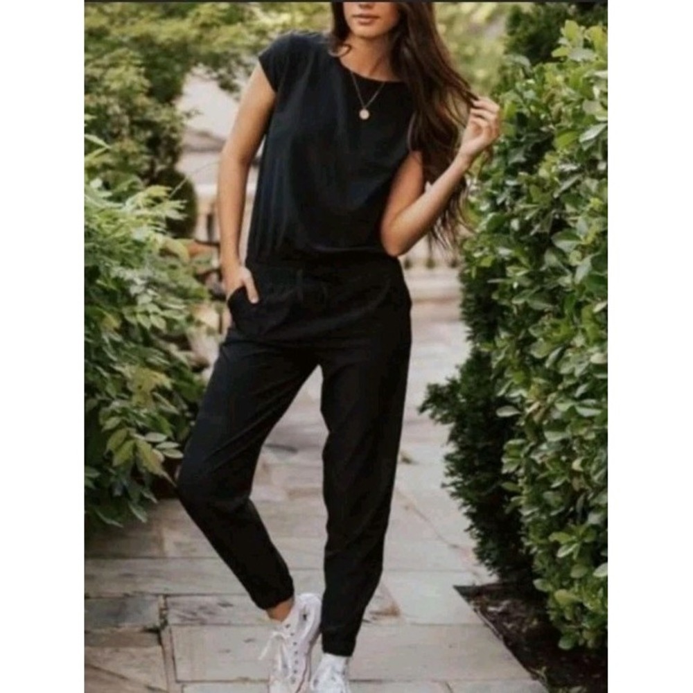 ALBION FIT Short Sleeve Jumpsuit Ankle Zip Elastic Waist Black Size XS